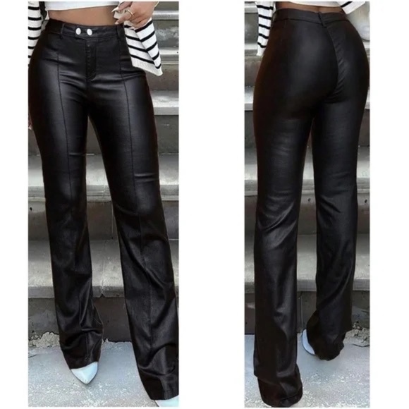 Luxe Black Vegan Leather Stretchy High Waisted Pants - Picture 1 of 2